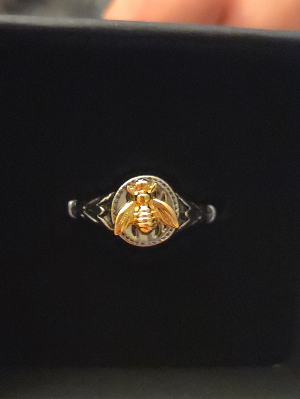 Tiny Golden Bee Accent Silver Tone Signet Bohemian Ring Sz 7 - Box Included